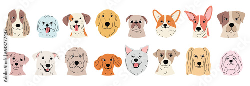 Cute and smile dog heads doodle vector set. Comic happy dog faces character design of bulldog, lion, wolf with flat color isolated on white background. Design illustration for sticker, comic, print. © TWINS DESIGN STUDIO