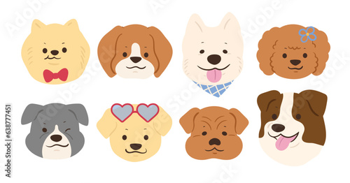 Fototapeta Naklejka Na Ścianę i Meble -  Cute and smile dog heads doodle vector set. Comic happy dog faces character design of labrador, poodle, beagle with flat color isolated on white background. Design illustration for sticker, comic.