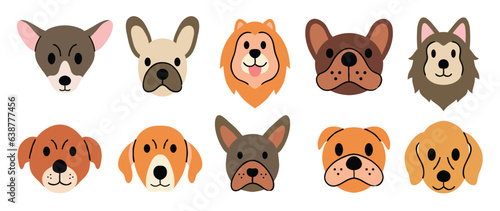 Cute and smile dog heads doodle vector set. Comic happy dog faces character design of bulldog, lion, wolf with flat color isolated on white background. Design illustration for sticker, comic, print. 