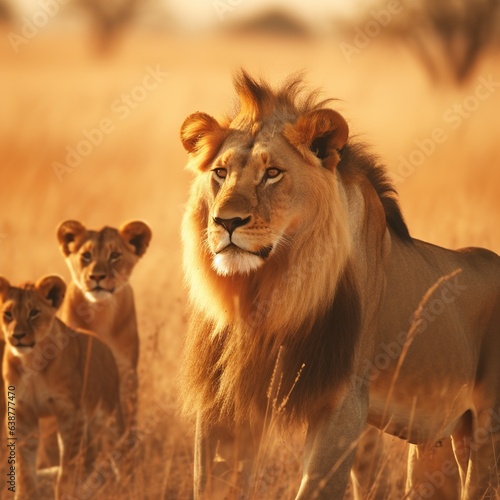 Lion and his cubs in africa