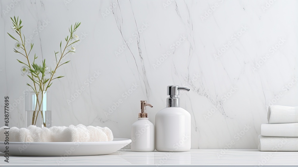 Fototapeta premium Bathroom accessories on a shelf in front of a white wall with copy space
