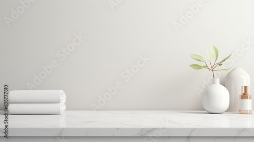 Bathroom accessories on a shelf in front of a white wall with copy space