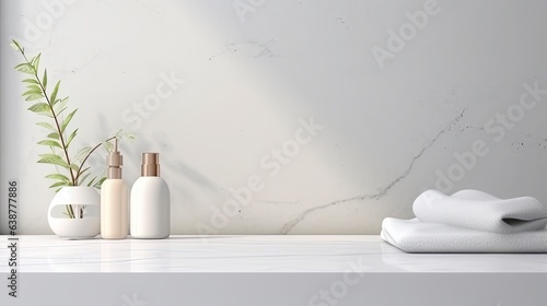 Bathroom accessories on a shelf in front of a white wall with copy space