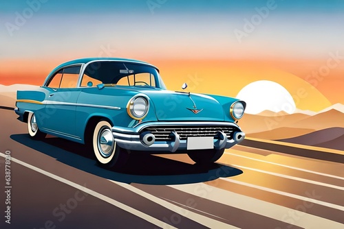 vintage car on the beach, artwork of t-shirt graphic design, flat design of one retro ,retro car ,colorful, shades, highly detailed clean, vector image, photorealistic masterpiece © Rozina