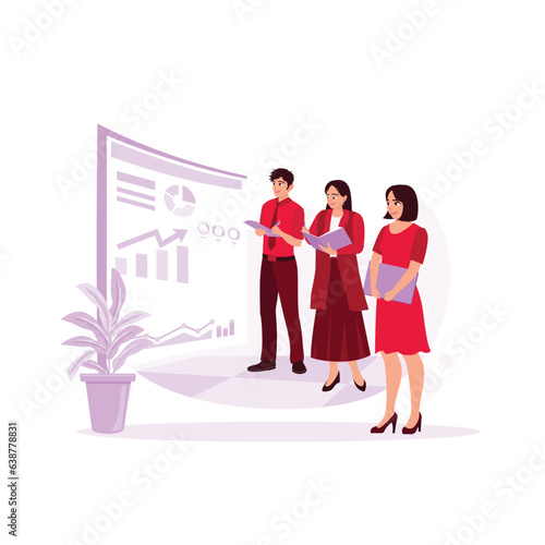 People work in a business office. Company Operations Manager Holds Presentation Meeting. Team using tv screen with growth analysis. Trend Modern vector flat illustration