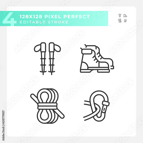 2D pixel perfect black icons set representing hiking gear, editable isolated thin linear illustration.