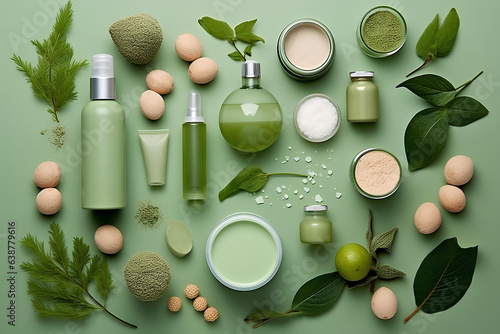 White cosmetic bottles, eucalyptus flowers, towels, soap on green background. Top view, flat lay. Natural organic beauty product concept. Spa, skin care, body treatment