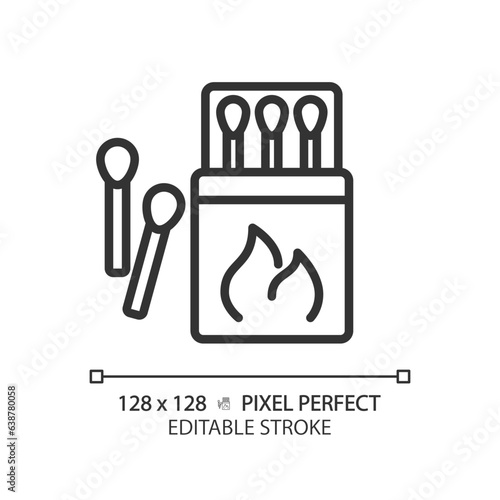 2D pixel perfect black match box and sticks icon, isolated vector, editable hiking gear thin line illustration.