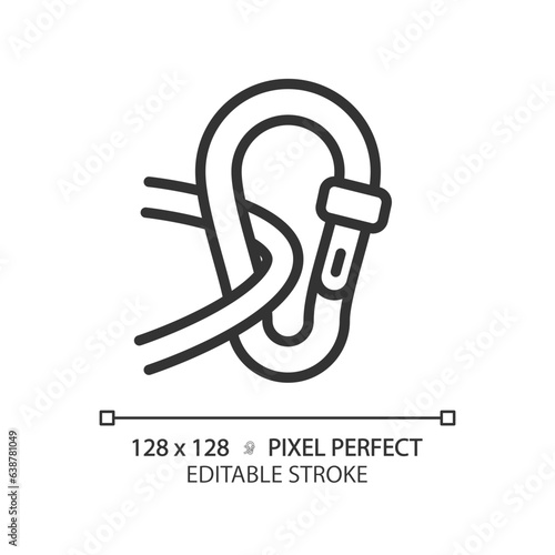 2D pixel perfect black carabiner icon, isolated vector, editable hiking gear thin line illustration.