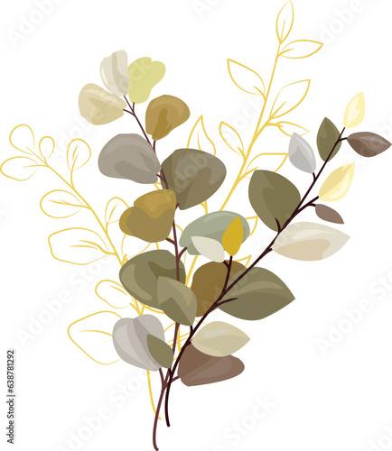 Wedding bouquet of green and gold tropical leaves isolated on white background. Botanical art design