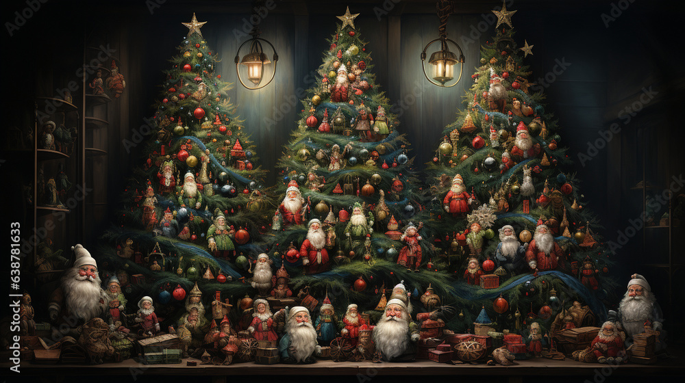 A joyful scene of a Christmas tree adorned with whimsical ornaments depicting classic holiday characters, bringing a touch of nostalgia 