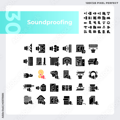 Pixel perfect glyph style icons collection representing soundproofing, silhouette illustration, solid simple pictogram.