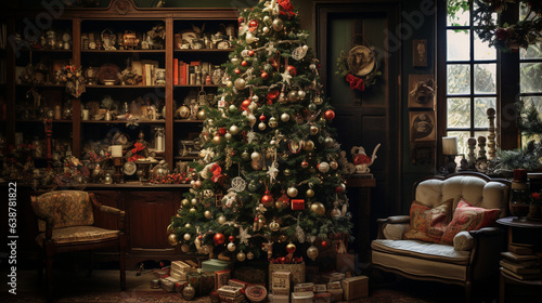 A traditional Christmas tree adorned with handmade ornaments  heirloom decorations  and cherished family mementos  celebrating nostalgia 