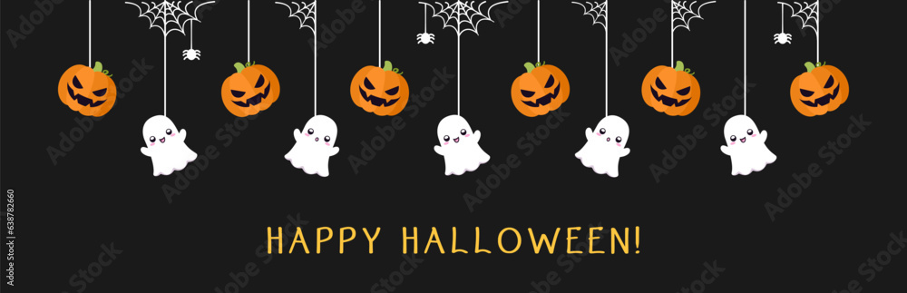 Happy Halloween border banner with ghost and jack o lantern pumpkins. Hanging Spooky Ornaments Decoration Vector illustration, trick or treat party invitation Happy Halloween border banner with ghost and jack o lantern pumpkins. Hanging Spooky Ornaments Decoration Vector illustration, trick or treat party invitation