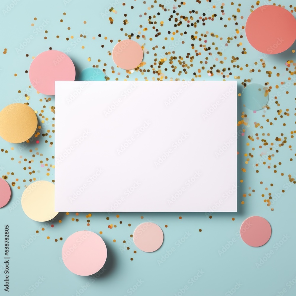 White greeting card over scattered colorful sequins and confetti on isolated light blue background with blank space. Mockup template. Flat lay, top view with plase for text White greeting card over scattered colorful sequins and confetti on isolated light blue background with blank space. Mockup template. Flat lay, top view with plase for text