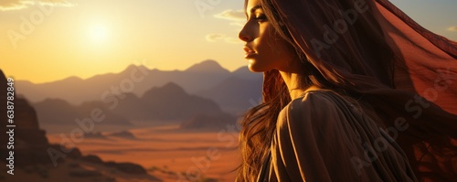 Travel idea of an Arab woman in the desert at dusk.