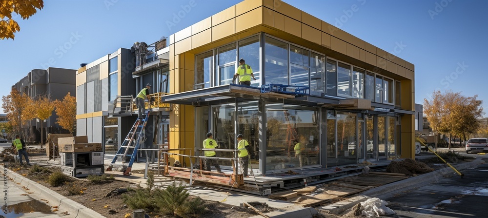 Builders working together to assemble modular project's prefabricated components, demonstrating the effectiveness and sustainability of contemporary.