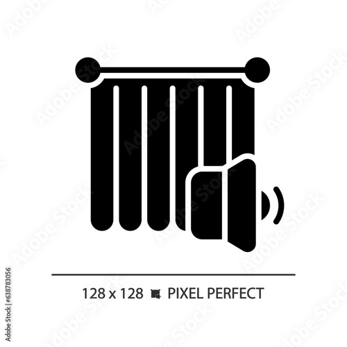 2D pixel perfect soundproof curtain glyph style icon, isolated vector, soundproofing solid illustration.