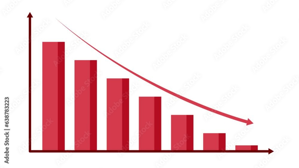 Downward red graph with red arrow indicating decreasing trend, on white ...
