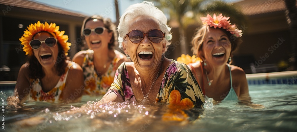a group of senior women enjoying themselves at the pool.