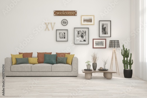 White modern interior design with sofa. Scandinavian interior design. 3D illustration