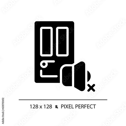 2D pixel perfect soundproof door glyph style icon, isolated vector, soundproofing solid illustration.