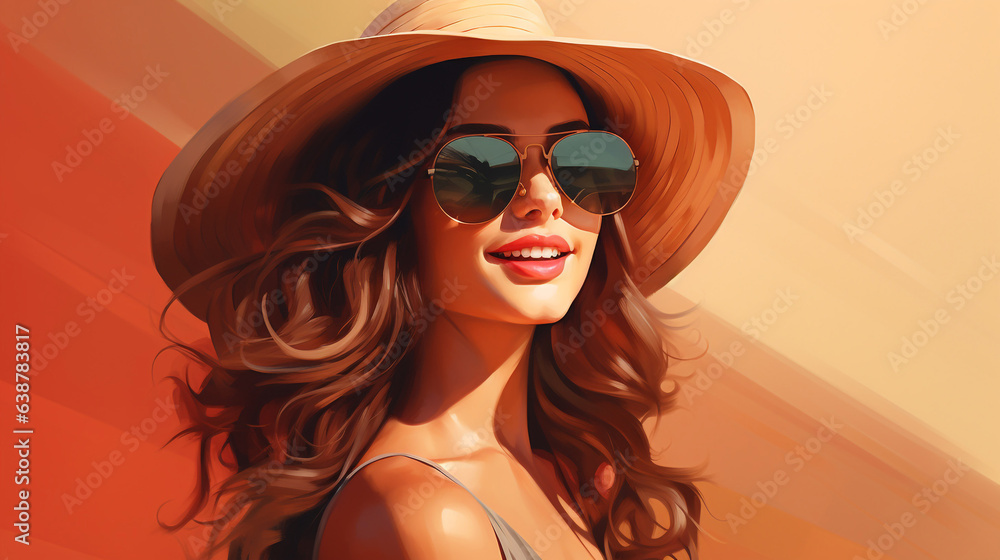 brown hair Happy smiling Young beautiful women wear a hat and sunglass in summer generative AI brown hair Happy smiling Young beautiful women wear a hat and sunglass in summer generative AI