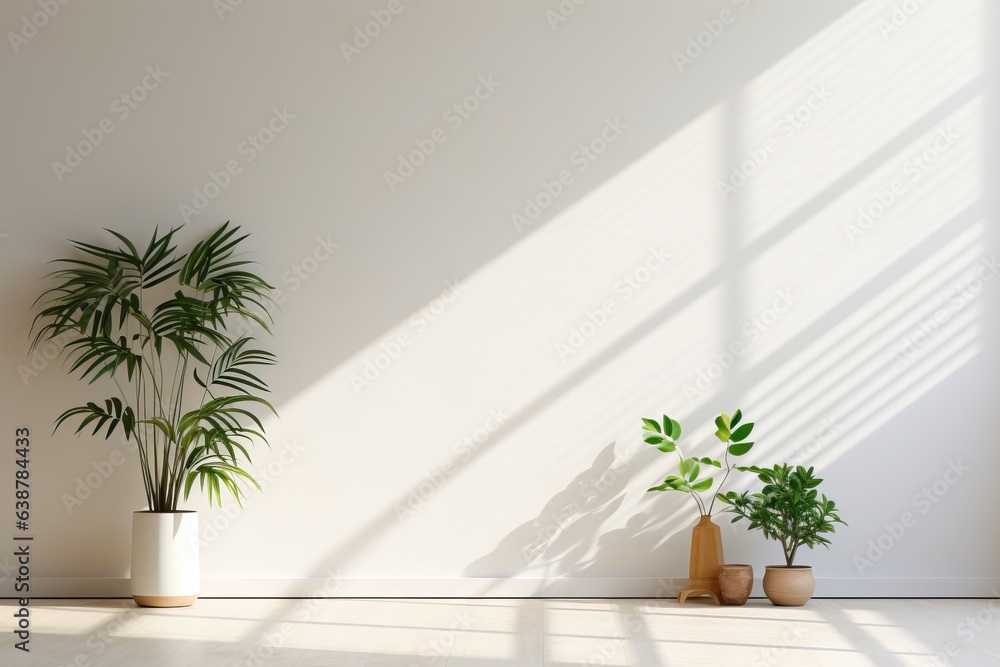 Beautiful house plant in the pot on wooden floor set beside the wall with sunbeam and shadow on white empty wall. Background, mockup backdrop. Green houseplant decoration. Products overlay Beautiful house plant in the pot on wooden floor set beside the wall with sunbeam and shadow on white empty wall. Background, mockup backdrop. Green houseplant decoration. Products overlay