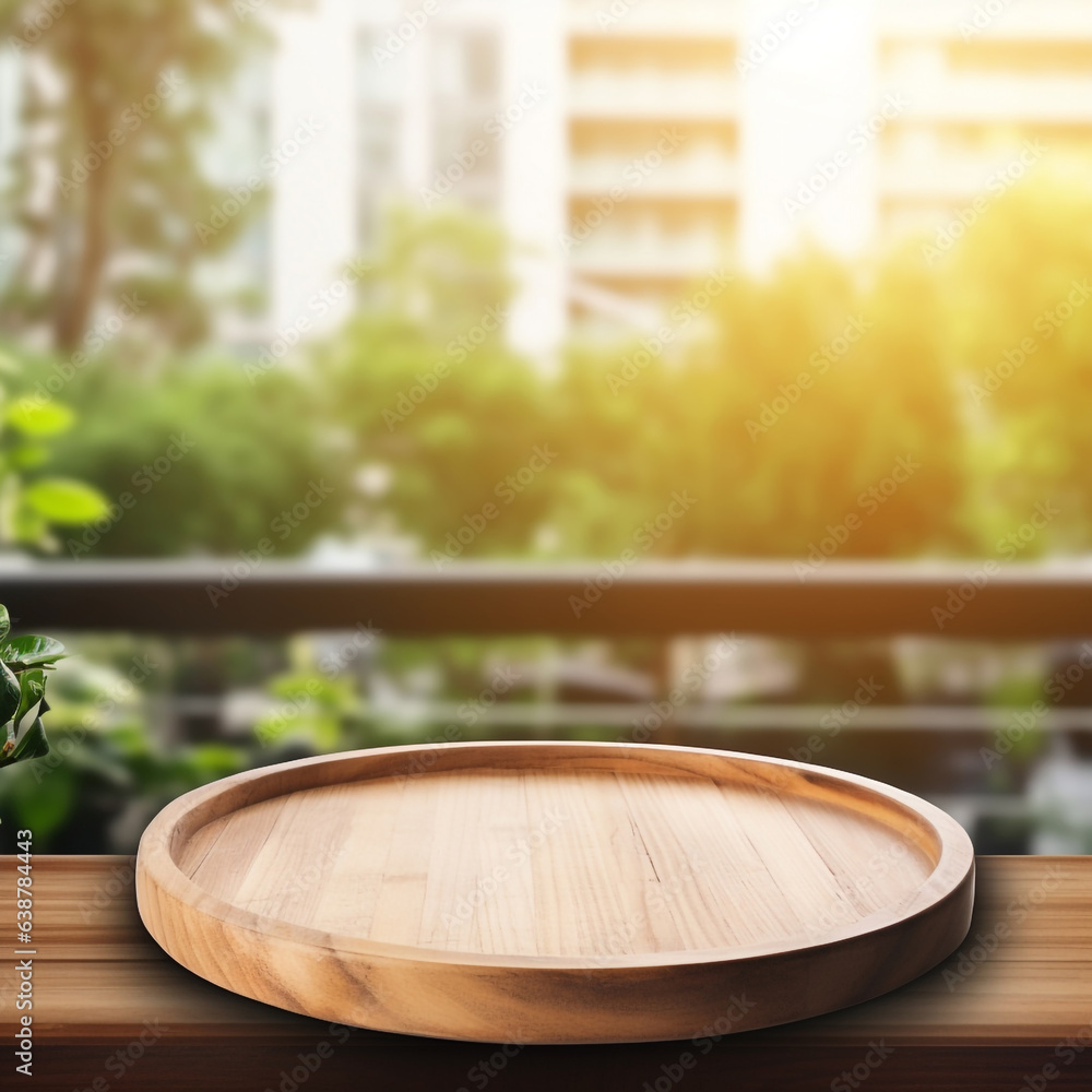 Empty wooden tray on perspective wooden table on top over blur background view from the coffee shop window. Can be used mock up for montage products display or design layout generative Ai Empty wooden tray on perspective wooden table on top over blur background view from the coffee shop window. Can be used mock up for montage products display or design layout generative Ai