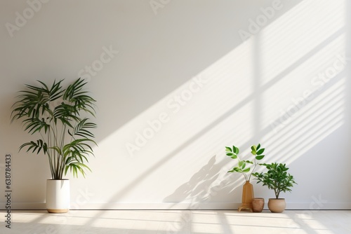 Beautiful house plant in the pot on wooden floor set beside the wall with sunbeam and shadow on white empty wall. Background, mockup backdrop. Green houseplant decoration. Products overlay