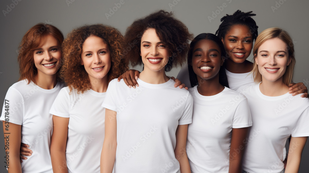 group of happy different women in white t-shirts generative Ai - obrazy, fototapety, plakaty 