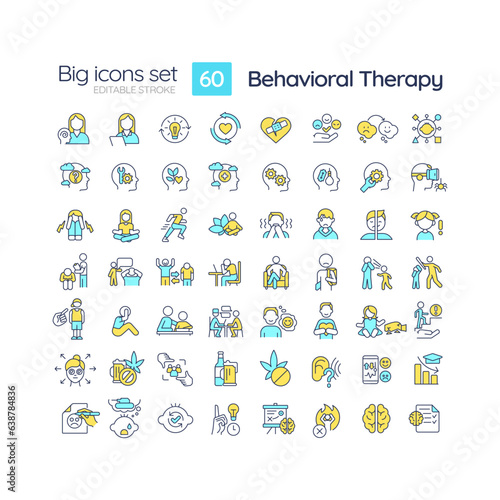 2D editable multicolor big line icons set representing behavioral therapy, isolated vector, linear illustration. © bsd studio