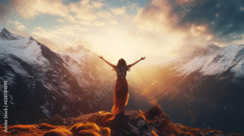 Girl on a background of mountains joyful spread her arms dancing at a height generative Ai
