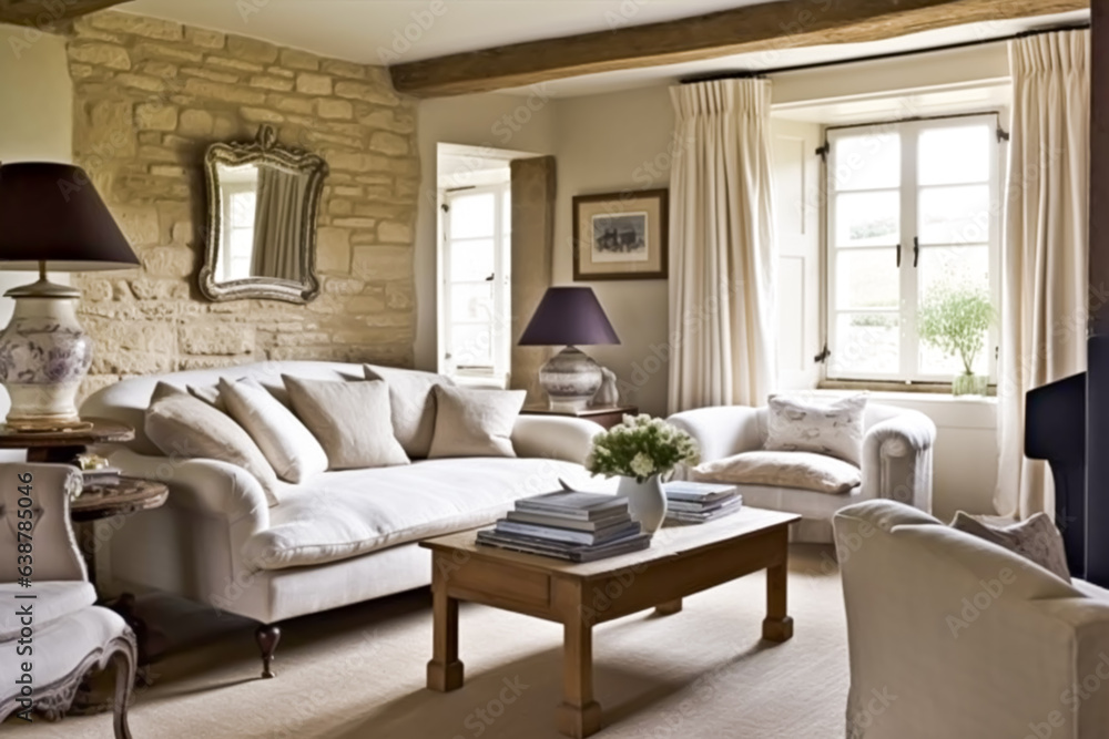 Fototapeta premium Cottage sitting room decor, interior design and house improvement, living room furniture, sofa and home decor in English country house style, generative ai