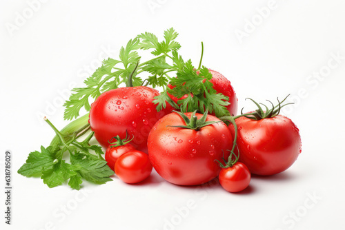 Small plum tomatoes on a white background. Fresh tomato, herbs and spices isolated on white background, top view. Bunch of fresh, red tomatoes with green stems isolated on white background.