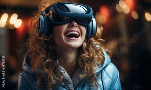 a teenage girl wearing a virtual reality headset,.
