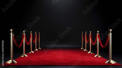 Red carpet and golden barrier isolated on black background