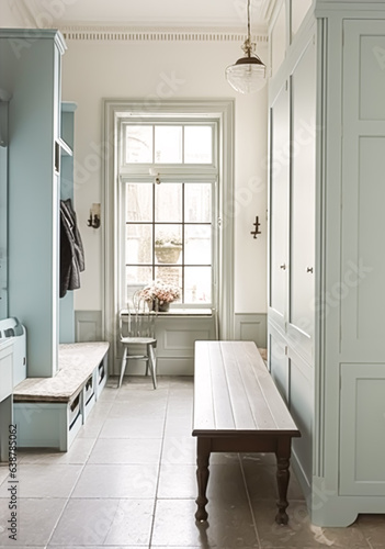 Pale blue hallway decor, interior design and house improvement, welcoming entryway furniture, stairway and entrance hall home decor in an English country house, generative ai