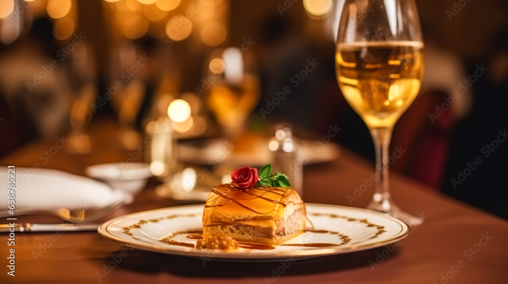 Naklejka premium Luxury food service, appetisers and desserts served at a restaurant or formal dinner event in classic English style in the luxurious hotel or country estate, generative ai