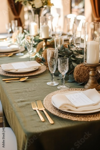 Sage green holiday tablescape, formal dinner table setting, table scape with decoration for wedding party and event celebration, generative ai