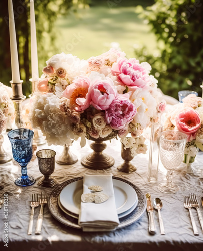 Wedding tablescape with peony bouquet, formal dinner table setting, table scape with decoration for wedding party and event celebration, generative ai