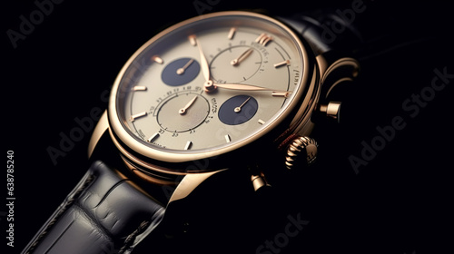 Luxury mens watch commercial concept, bespoke gold design on dark background, generative ai