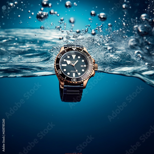 Waterproof luxury mens watch underwater in the ocean or sea commercial concept, bespoke water resistant design, generative ai © Anneleven