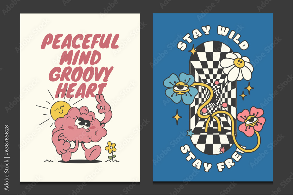 Obraz premium groovy 70s poster with funny cartoon characters, vector illustration