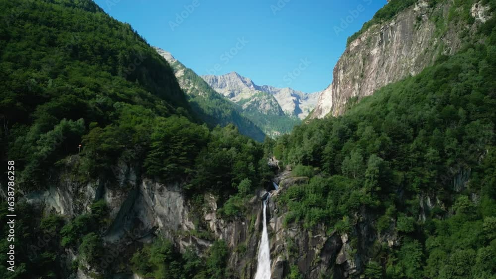 Foroglio waterfall with Swiss Alps in canton Tessin, Bavona valley, Switzerland, Europe. Foroglio waterfall with Swiss Alps in canton Tessin, Bavona valley, Switzerland, Europe.