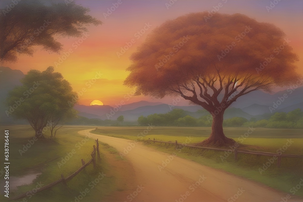 Road and tree landscape. AI generated illustration Road and tree landscape. AI generated illustration