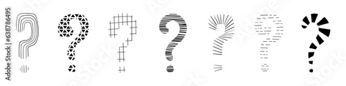 Question mark set hand drawn in doodle style, vector illustration. Icon question symbol for print and design. Quiz and Exam concept, isolated elements on a white background. Graphic sign ask and fqa