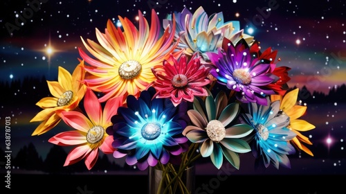 Rainbow flowers bouquet galaxy background. Bunch of pretty multicolored roses over starry space. AI illustration. .