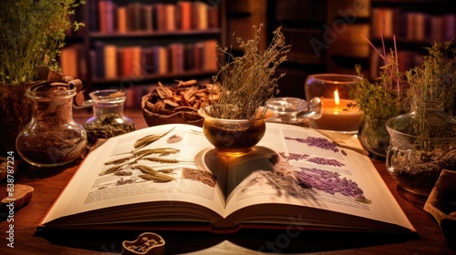 Herbal apothecary aesthetic concept. Natural dried plants herbs, spices, flowers ingredients in vintage inspired pharmacy. Organic alternative medicine. AI illustration.. © Oksana Smyshliaeva