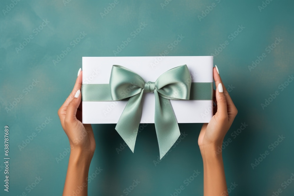 Woman holding white present box with vivid green ribbon bow as presenf for Christmas, fathers day, birthday on light blue background. Flat lay, copy space Woman holding white present box with vivid green ribbon bow as presenf for Christmas, fathers day, birthday on light blue background. Flat lay, copy space